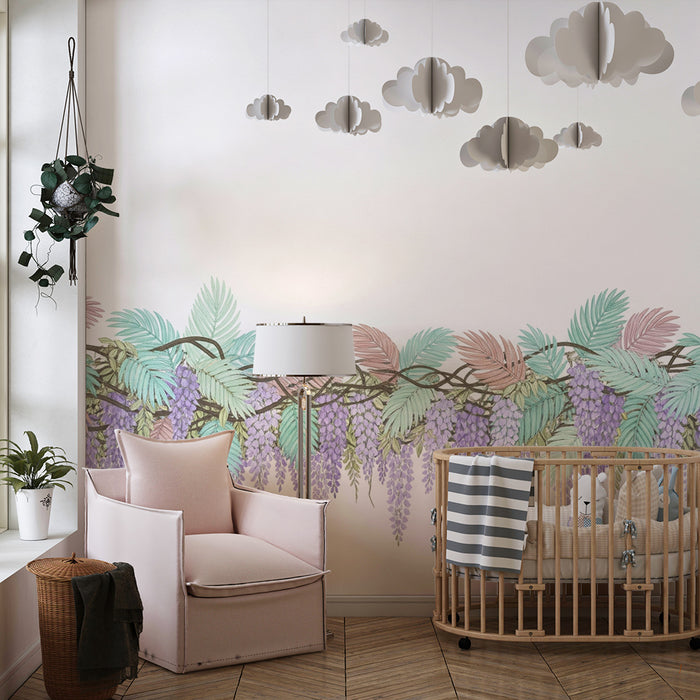 Barntapet | Pastellblommig vinranka och ömt lövverk