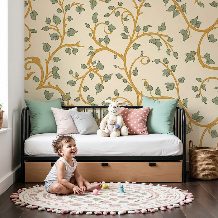 Papier peint chambre bébé | Vignes délicates et feuillage apaisant sur fond crème