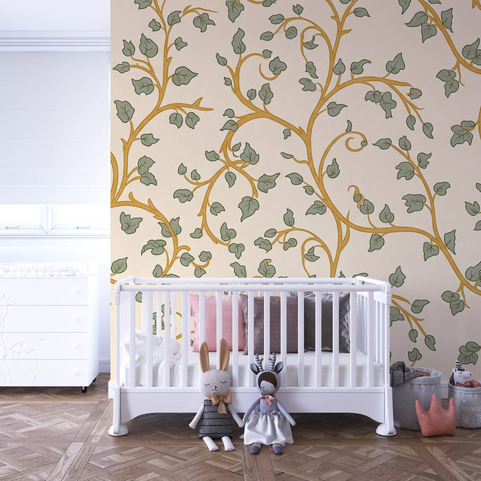 Papier peint chambre bébé | Vignes délicates et feuillage apaisant sur fond crème