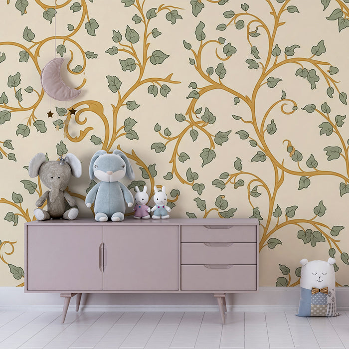 Papier peint chambre bébé | Vignes délicates et feuillage apaisant sur fond crème