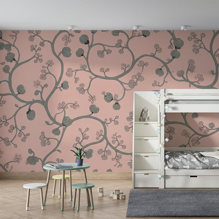 Papel de parede para quarto de bebé | Vinhas delicadas sobre fundo rosa com flores estilizadas