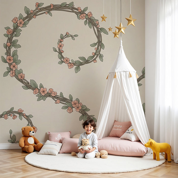 Babykamerbehang | Delicaat bloemenrankmotief met roze bloemen en groen blad