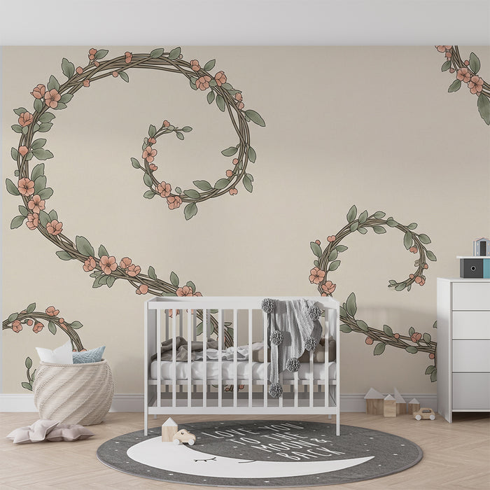 Babykamerbehang | Delicaat bloemenrankmotief met roze bloemen en groen blad
