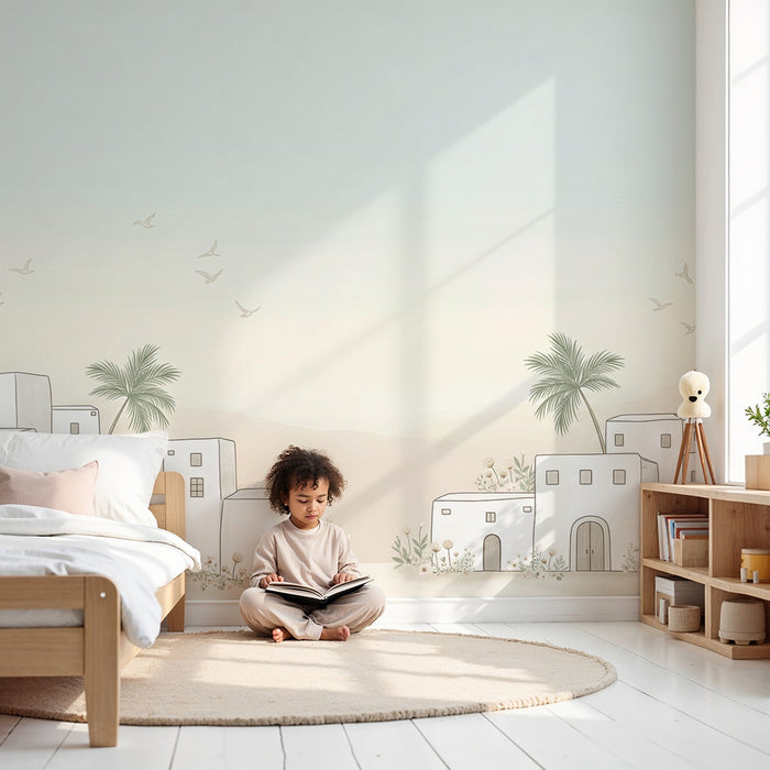 Papier peint chambre bébé | Villages blancs et palmiers sous un ciel pastel