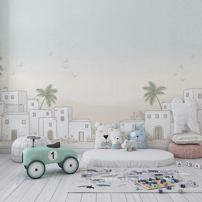 Papier peint chambre bébé | Villages blancs et palmiers sous un ciel pastel