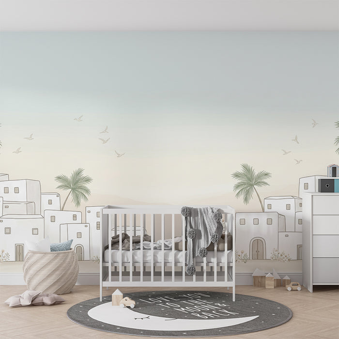 Papier peint chambre bébé | Villages blancs et palmiers sous un ciel pastel