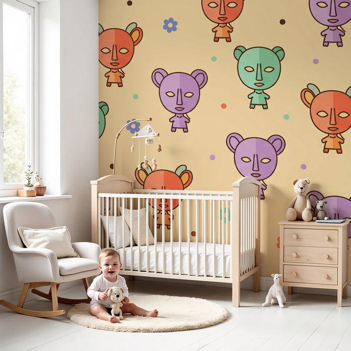 Papier peint chambre bébé | Visages ludiques et couleurs douces avec motifs floraux