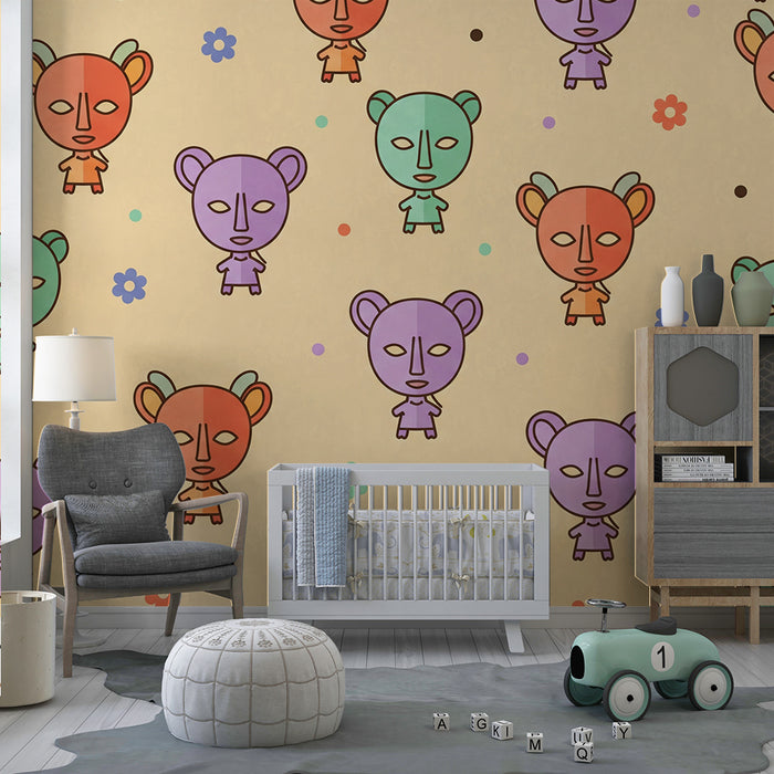 Papier peint chambre bébé | Visages ludiques et couleurs douces avec motifs floraux