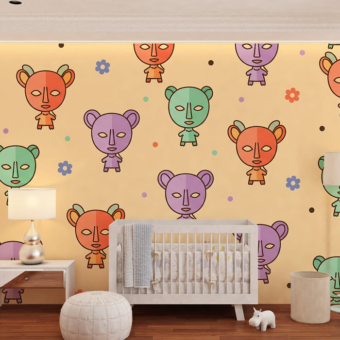 Papier peint chambre bébé | Visages ludiques et couleurs douces avec motifs floraux