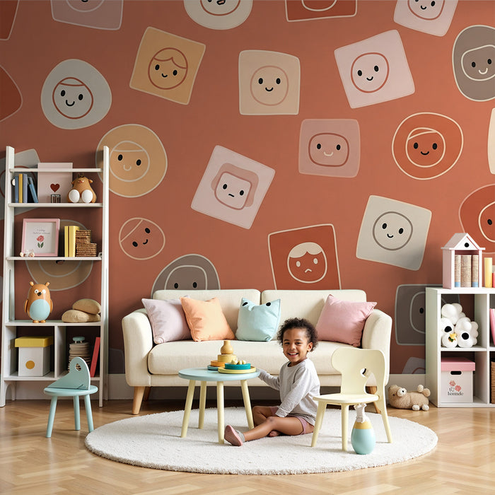 Tapeta dětského pokoje | Usmívající se tváře na terakotovém pozadí