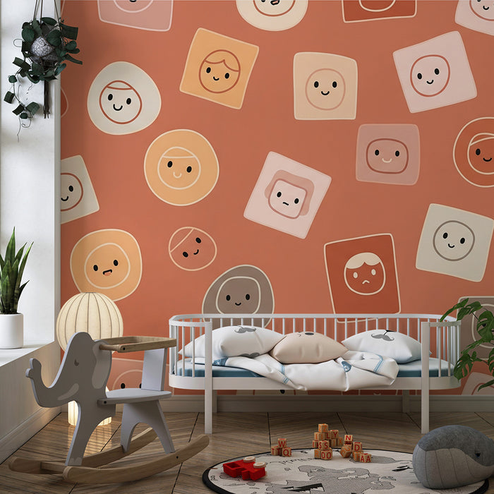 Tapeta dětského pokoje | Usmívající se tváře na terakotovém pozadí