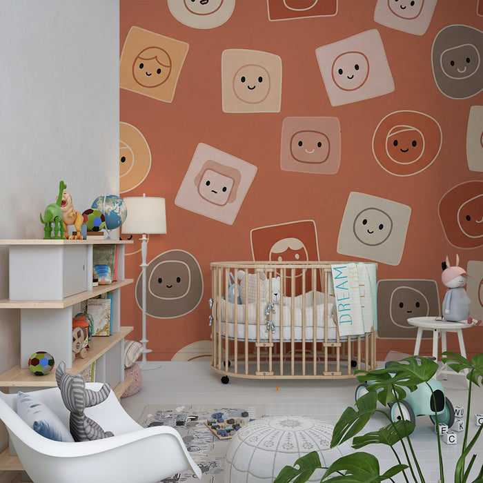 Tapeta dětského pokoje | Usmívající se tváře na terakotovém pozadí