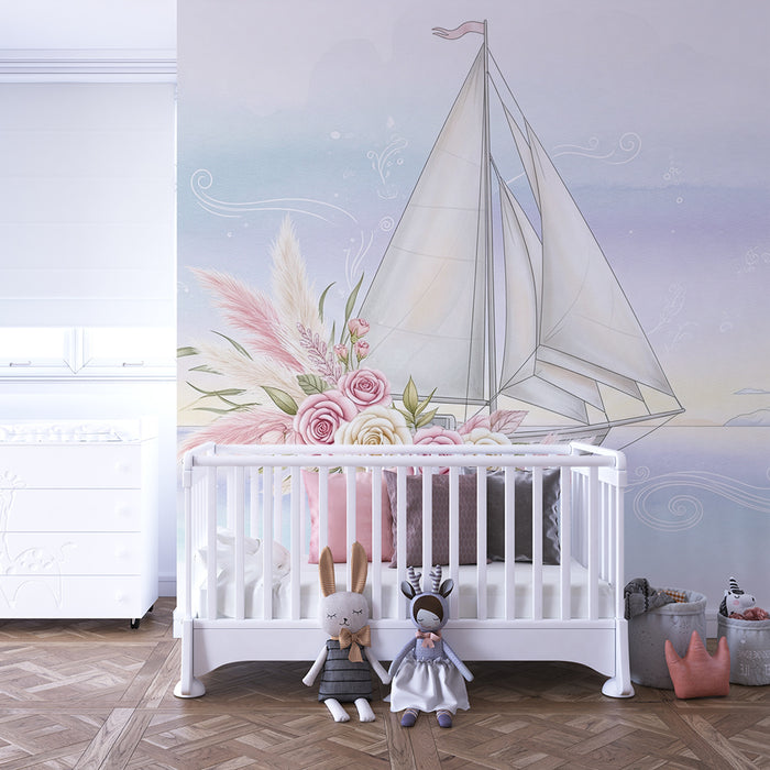 Papel de parede quarto bebê | Elegante veleiro com flores pastel