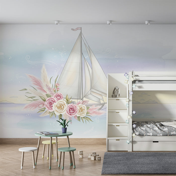 Papel de parede quarto bebê | Elegante veleiro com flores pastel