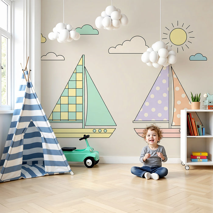 Papel de parede quarto bebê | Πολύχρωμα πλοία κάτω από ένα ηλιόλουστο ουρανό