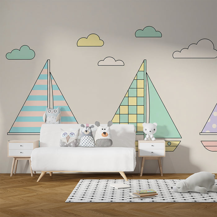 Papel de parede quarto bebê | Πολύχρωμα πλοία κάτω από ένα ηλιόλουστο ουρανό