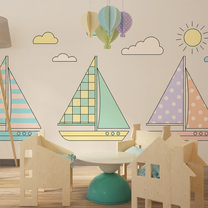 Papel de parede quarto bebê | Πολύχρωμα πλοία κάτω από ένα ηλιόλουστο ουρανό