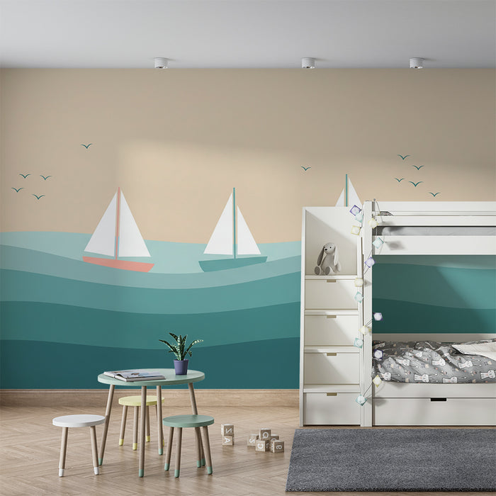Χαρτί τοίχου δωματίου μωρού | Πολύχρωμα πλοία σε γαλήνια κύματα