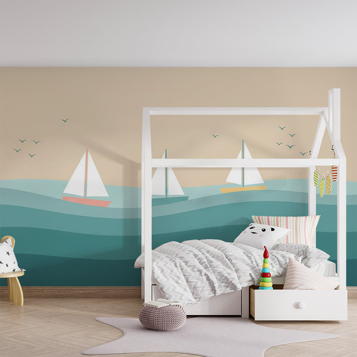 Χαρτί τοίχου δωματίου μωρού | Πολύχρωμα πλοία σε γαλήνια κύματα
