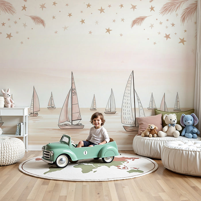 Babykamer behang | Delicate zeilboten op een pastel sterrenhemel achtergrond