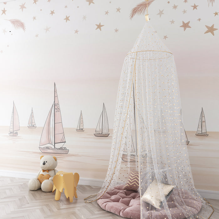 Babykamer behang | Delicate zeilboten op een pastel sterrenhemel achtergrond