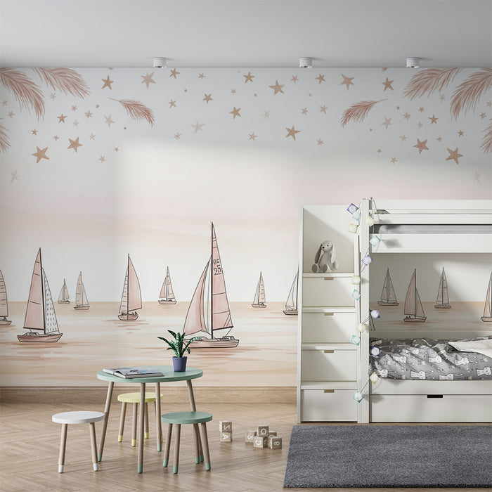Babykamer behang | Delicate zeilboten op een pastel sterrenhemel achtergrond