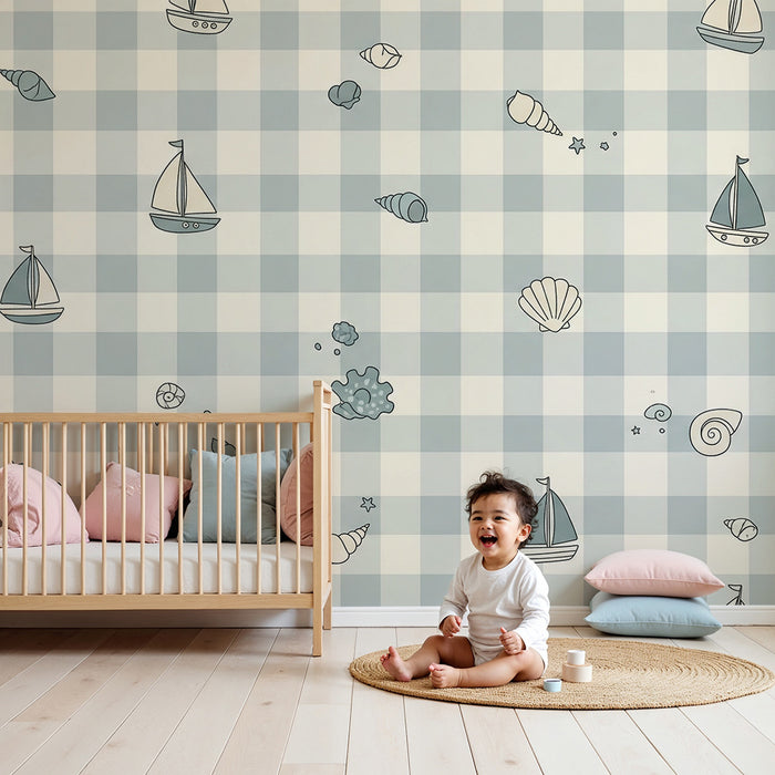 Papel pintado para habitación de bebé | Veleros y conchas sobre fondo vichy azul