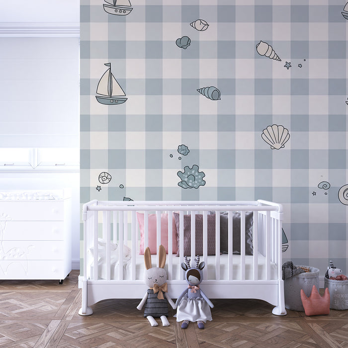 Papel pintado para habitación de bebé | Veleros y conchas sobre fondo vichy azul
