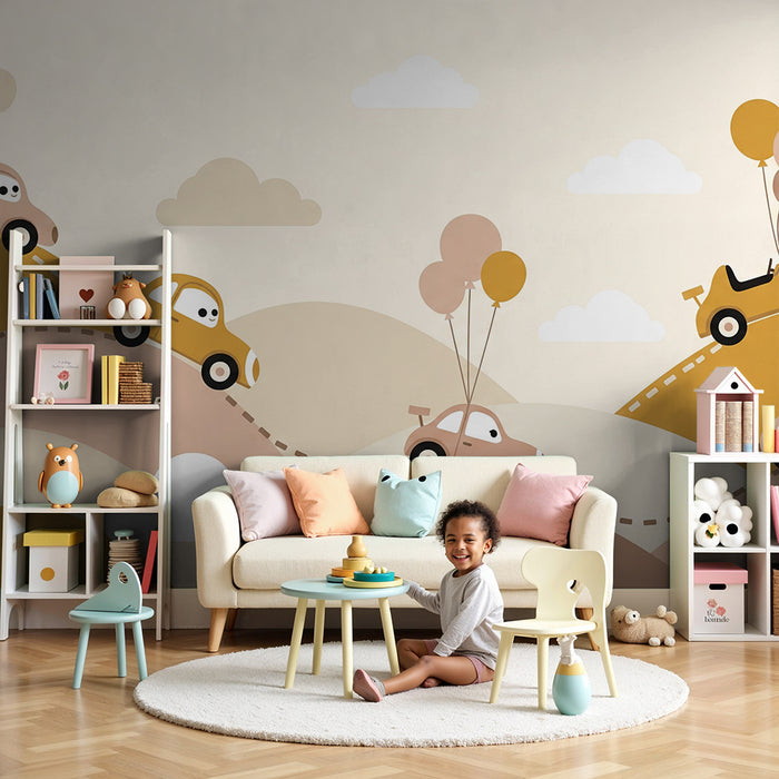 Papier peint chambre bébé | Voitures amusantes avec ballons sur des collines colorées