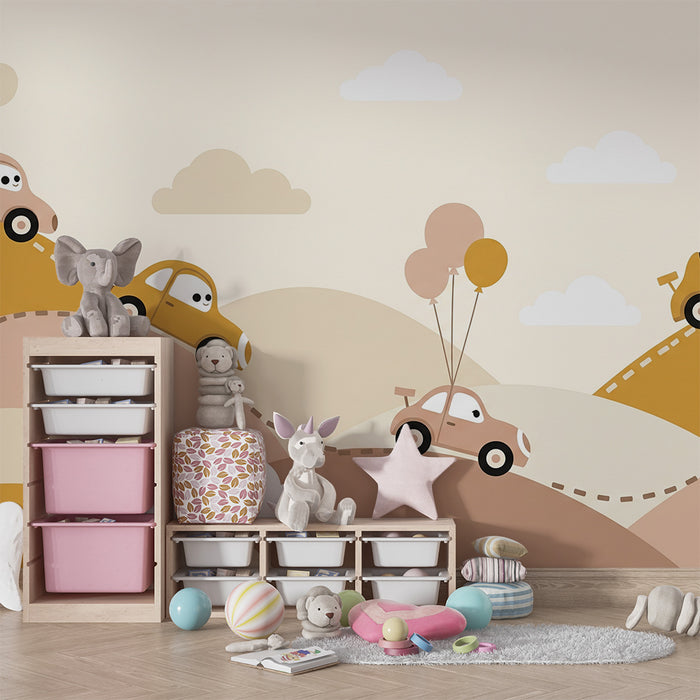 Papier peint chambre bébé | Voitures amusantes avec ballons sur des collines colorées