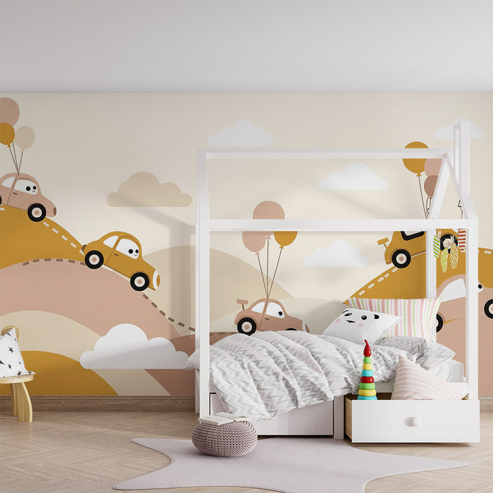 Papier peint chambre bébé | Voitures amusantes avec ballons sur des collines colorées