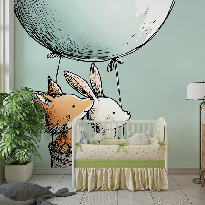 Babykamer behang | Luchtballonreis met dieren