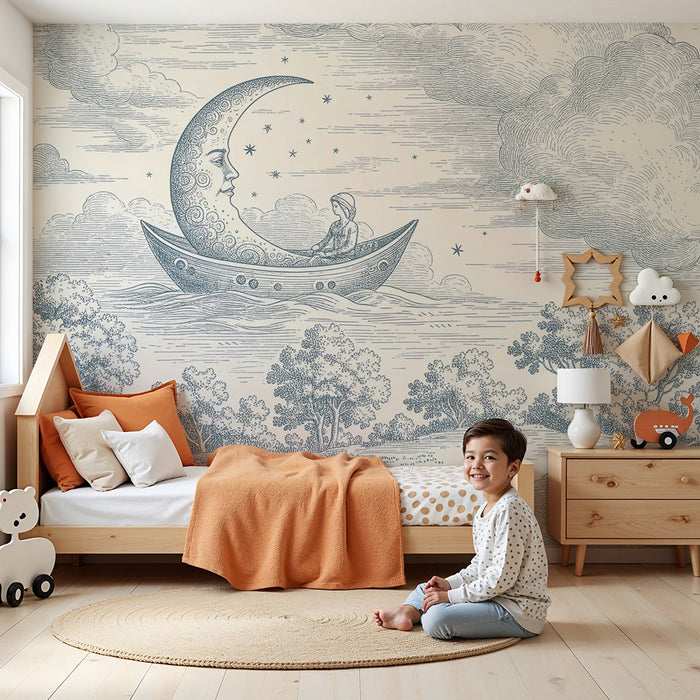 Baby room wallpaper | Dreamy journey to the moon with clouds and stars