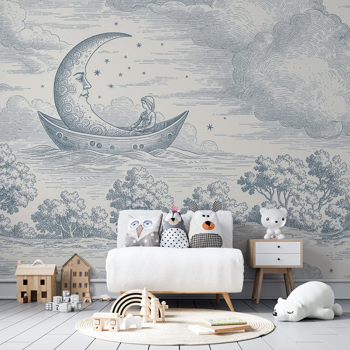 Baby room wallpaper | Dreamy journey to the moon with clouds and stars
