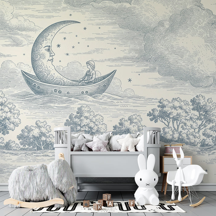 Baby room wallpaper | Dreamy journey to the moon with clouds and stars