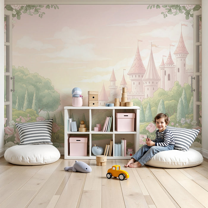 Baby nursery wallpaper | Fairytale view of a castle with delicate roses