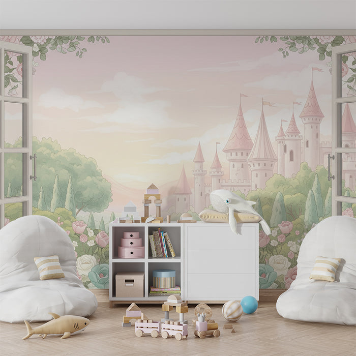 Baby nursery wallpaper | Fairytale view of a castle with delicate roses