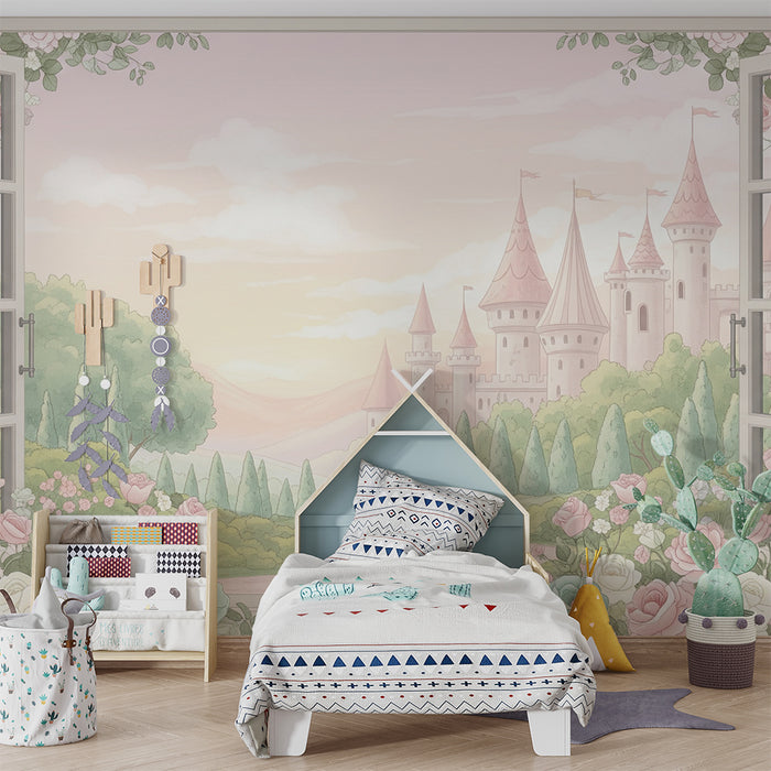 Baby nursery wallpaper | Fairytale view of a castle with delicate roses