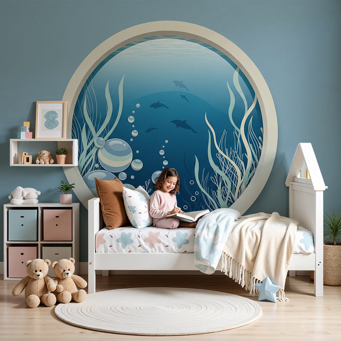Papel de parede para quarto de bebé | Vista subaquática com golfinhos e bolhas coloridas