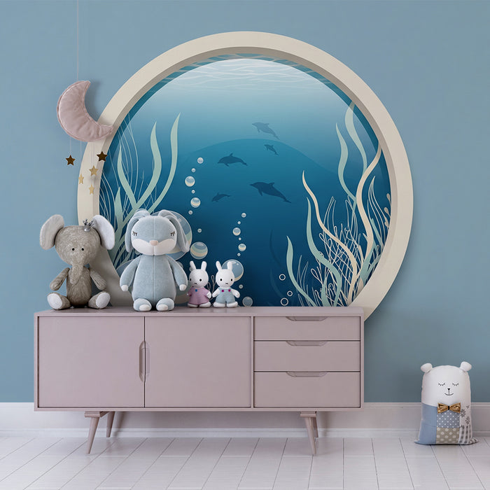 Papel de parede para quarto de bebé | Vista subaquática com golfinhos e bolhas coloridas
