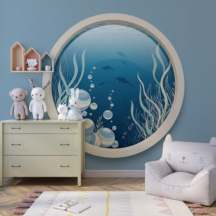 Papel de parede para quarto de bebé | Vista subaquática com golfinhos e bolhas coloridas
