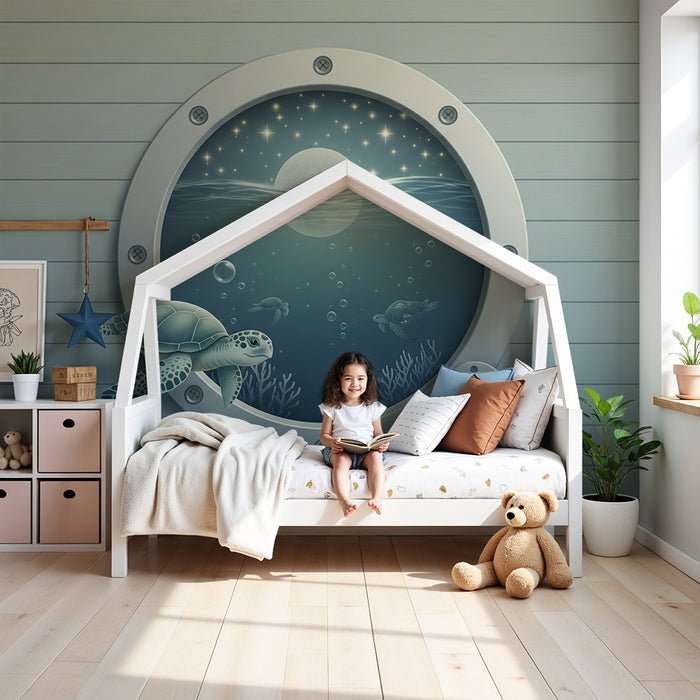 Papel de parede para quarto de bebé | Vista subaquática com tartarugas e lua brilhante