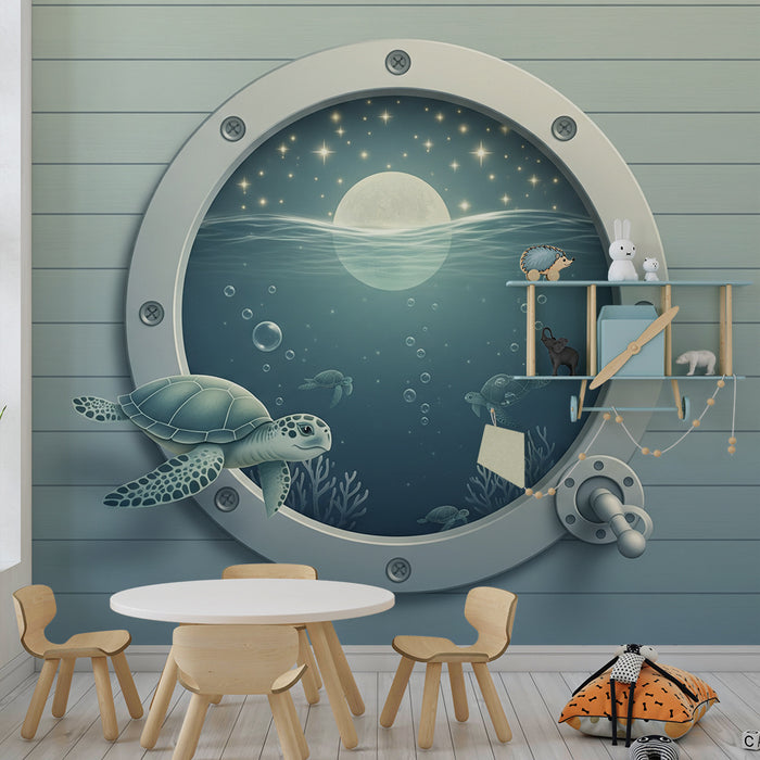 Papel de parede para quarto de bebé | Vista subaquática com tartarugas e lua brilhante