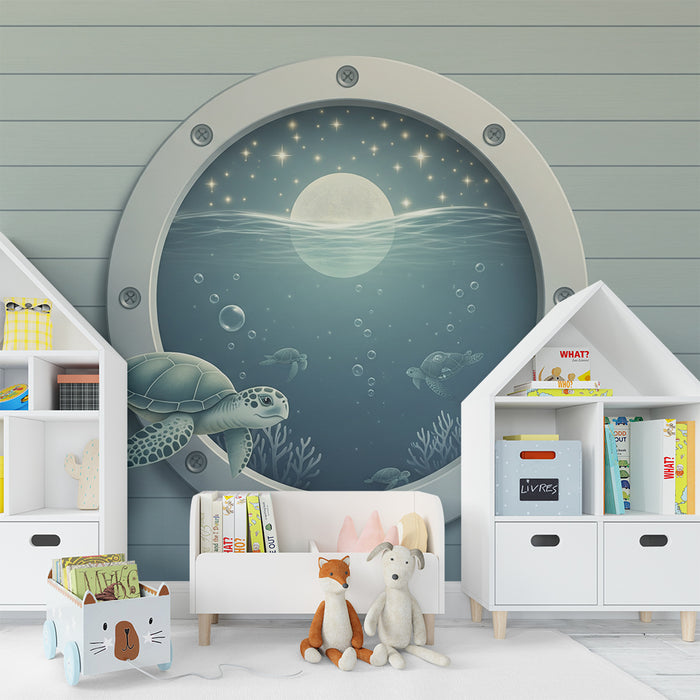 Papel de parede para quarto de bebé | Vista subaquática com tartarugas e lua brilhante