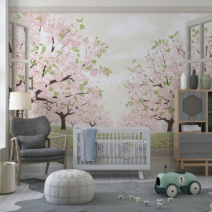 Behang babykamer | Uitzicht op een bloeiende kersenboomgaard