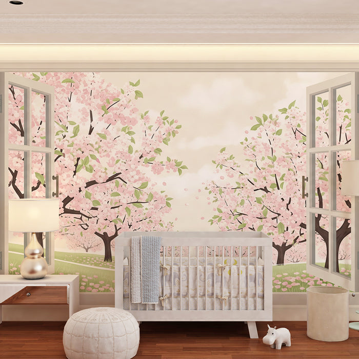 Behang babykamer | Uitzicht op een bloeiende kersenboomgaard