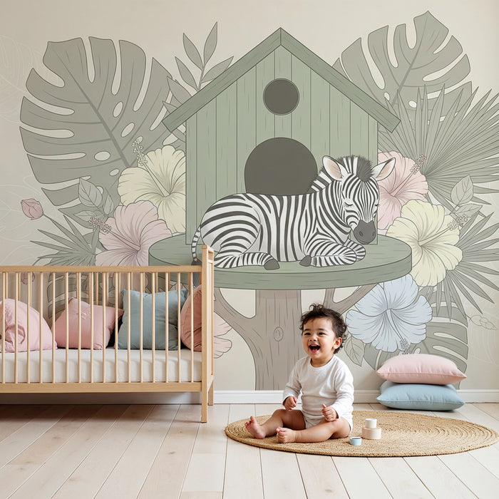 Papier peint chambre bébé | Zebra paisible dans un jardin tropical