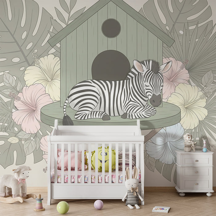 Papier peint chambre bébé | Zebra paisible dans un jardin tropical
