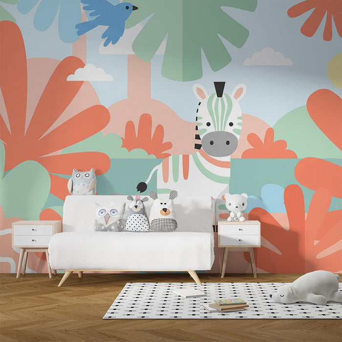 Χαρτί τοίχου βρεφικού δωματίου | Διασκεδαστική ζέβρα στη μέση ενός πολύχρωμου ζούγκλας