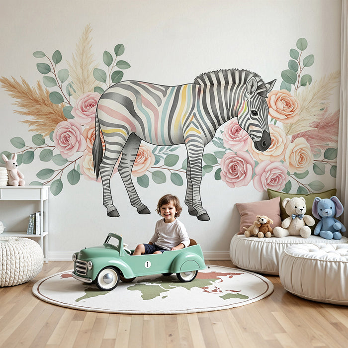 Papier peint chambre bébé | Zèbre coloré entouré de fleurs délicates